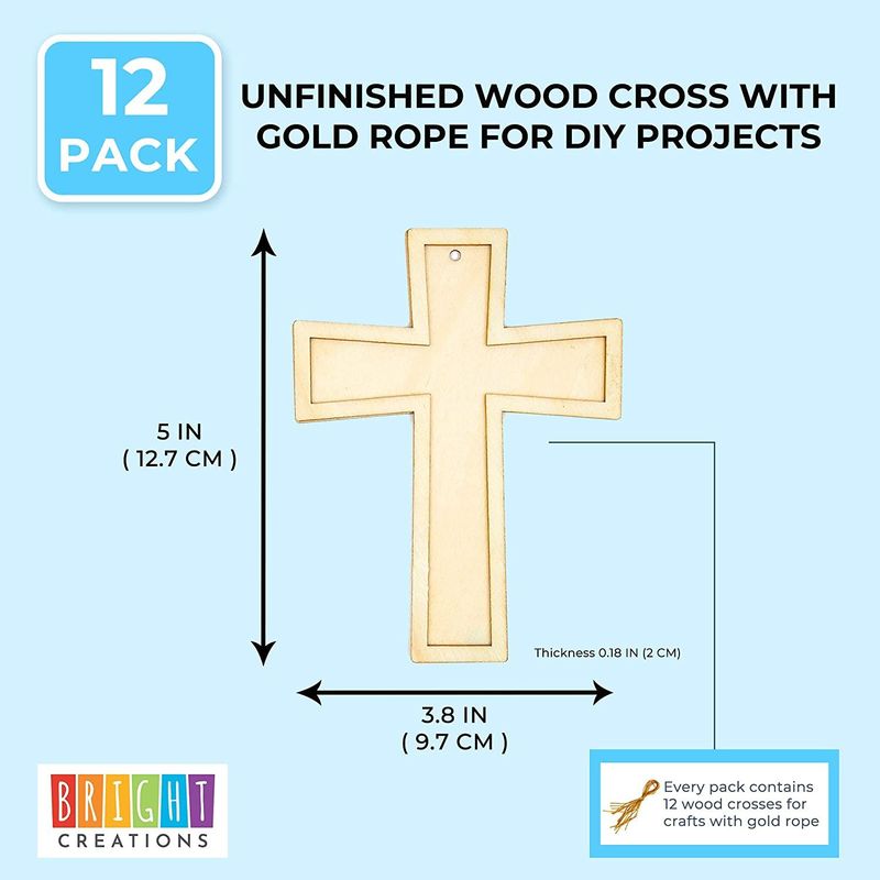 Bright Creations Unfinished Wood Cross with Gold Rope for DIY Projects (12 Pack)