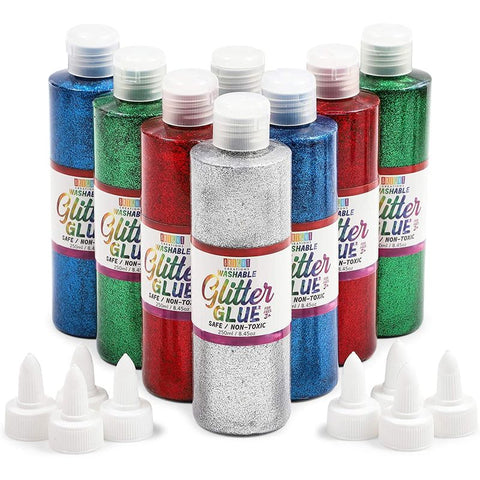 Bright Creations Metallic Art Glitter Glue Bottles, 8 Colors for Crafts (8 oz, 8 Pack, 16 Caps)