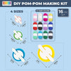 DIY Pom Pom Maker Set in 4 Sizes with Yarn Skeins in 12 Colors (16 Pieces)