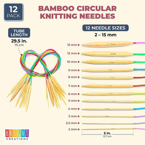 Bamboo Circular Knitting Needles Set for Crafting, Knitting, Sewing Projects (2mm - 15mm, 12-Pack)