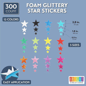 Glitter Star Foam Stickers for Scrapbooks Art and Crafts in 3 Sizes, 12 Colors (300 Pieces)