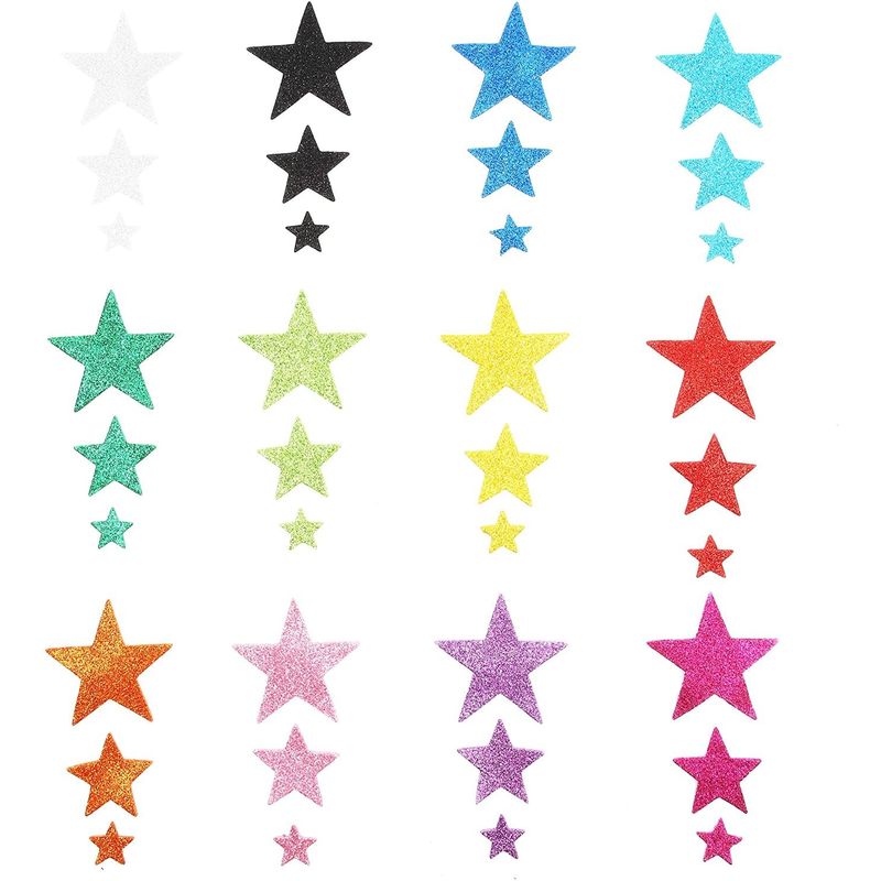 Glitter Star Foam Stickers for Scrapbooks Art and Crafts in 3 Sizes, 12 Colors (300 Pieces)