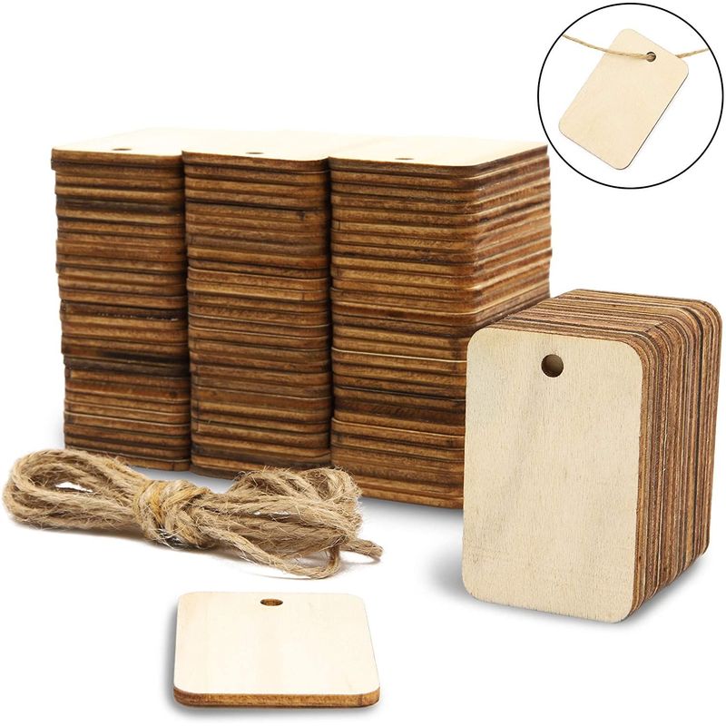 Unfinished Wood Rectangle Cutouts with Hemp Rope (1.3 x 2 in, 100 Pack)