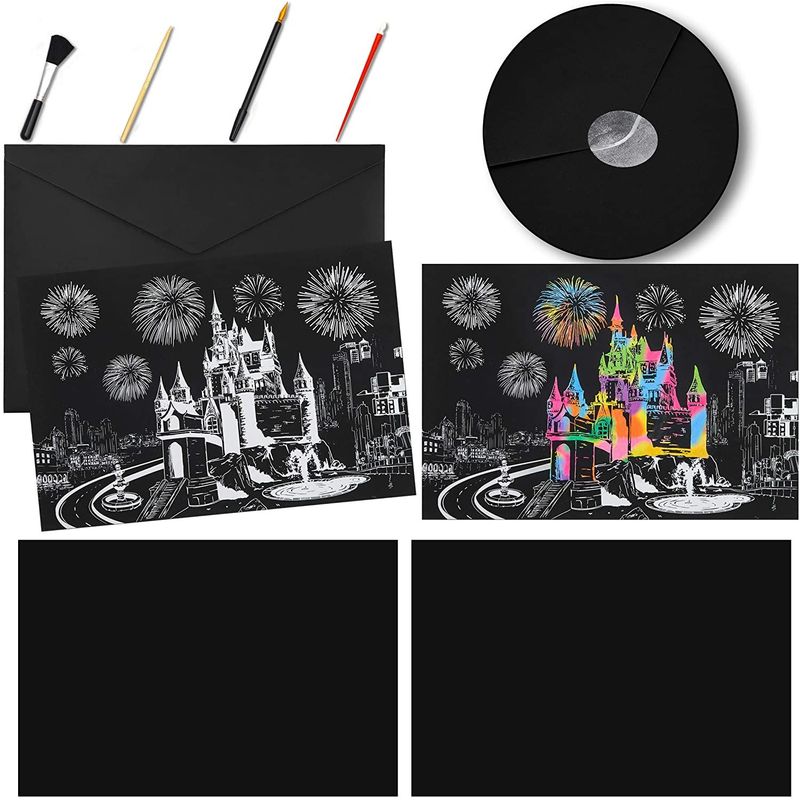 Scratch Paper Art Set Rainbow Card Scratch Black Scratch It Off Paper  Crafts Notes with Wooden Stylus Stencils for Kid DIY Gift