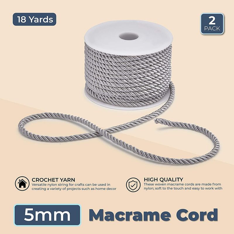 Grey Nylon Twisted Cord Trim Rope for Crafts (36 Yards, 2 Pack)