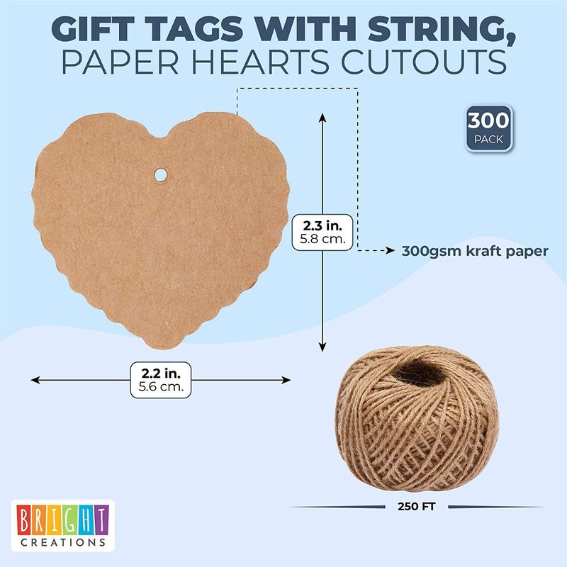 Heart Paper Gift Tags with String, Brown Kraft (2.3 x 2.2 in, 300 Pieces)