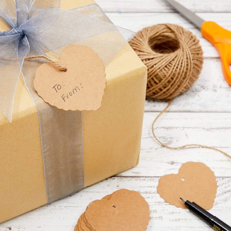 Heart Paper Gift Tags with String, Brown Kraft (2.3 x 2.2 in, 300 Pieces)