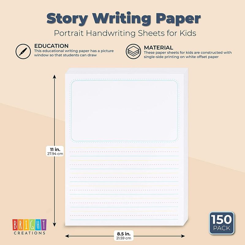 Lined Handwriting Paper Sheets, Story Telling Pages for Kids (8.5 x 11 In, 150 Pack)