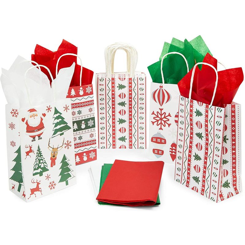 24 Christmas Party Gift Bags, 24 Sheets of Tissue Paper (8 x 5.3 x 3.15 in, 48 Pieces)