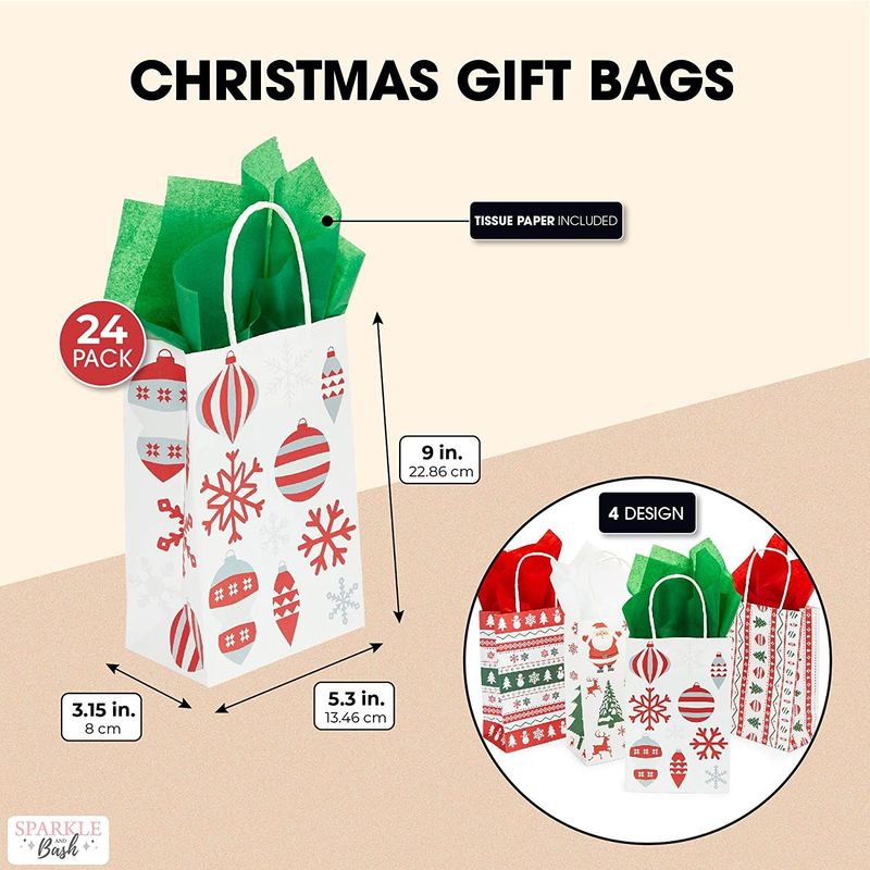 24 Christmas Party Gift Bags, 24 Sheets of Tissue Paper (8 x 5.3 x 3.15 in, 48 Pieces)