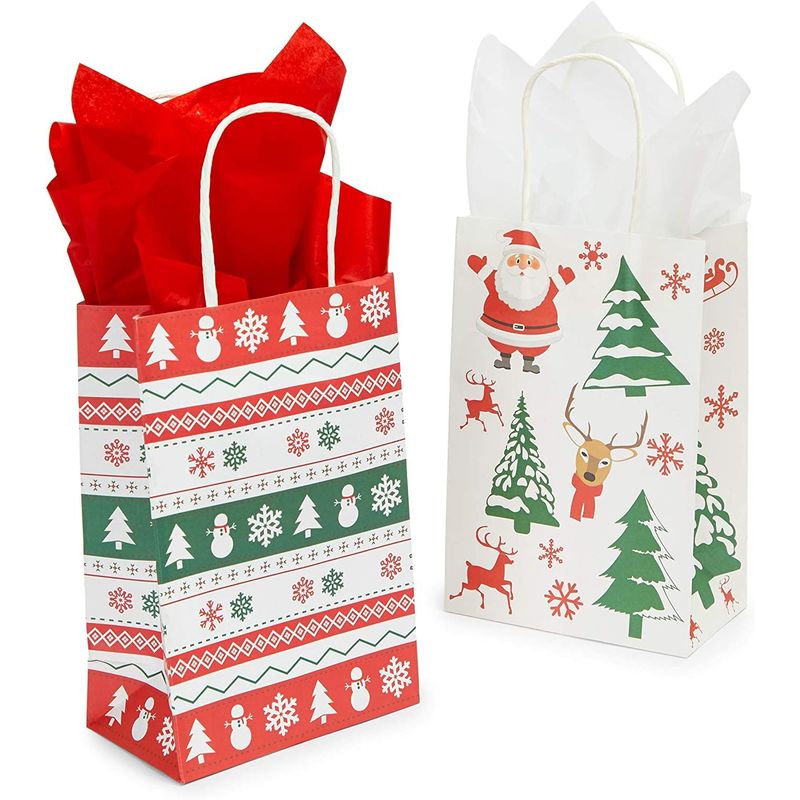 White Christmas Gift Bags, Wine Bag with Tissue Paper (5 x 13.6 x