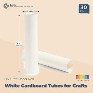 White Cardboard Tubes for Crafts, DIY Craft Paper Roll (1.6 x 8 in, 30 Pack)