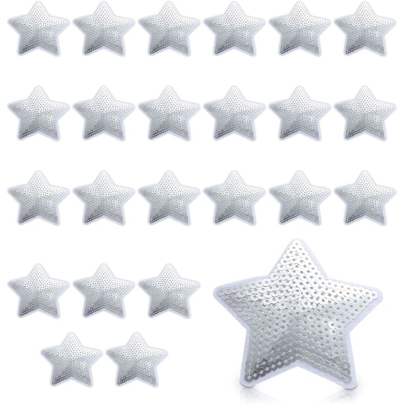 Silver Sequin Star Iron On Patches for Clothing (3.3 in, 24 Pieces)