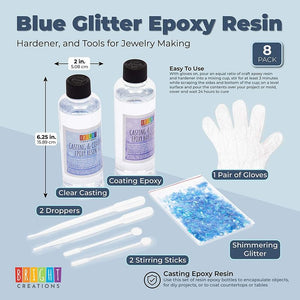 Blue Glitter Epoxy Resin, Hardener, and Tools for Jewelry Making (18 oz, 8 Pieces)