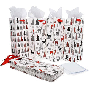 White Christmas Gift Bags, Wine Bag with Tissue Paper (5 x 13.6 x 4 in, 12 Pack)
