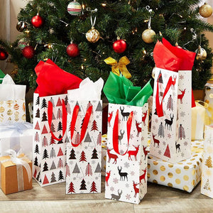 White Christmas Gift Bags, Wine Bag with Tissue Paper (5 x 13.6 x 4 in, 12 Pack)