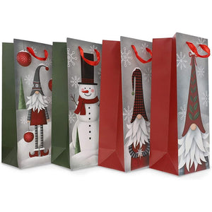 Gnomes and Snowmen Christmas Gift Bags with Tissue Paper (5 x 13.6 x 4 in, 12 Pack)