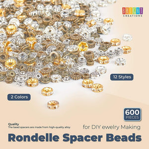 Rondelle Spacer Beads for DIY Jewelry Making, 12 Styles (2 Colors, 600 Pieces)
