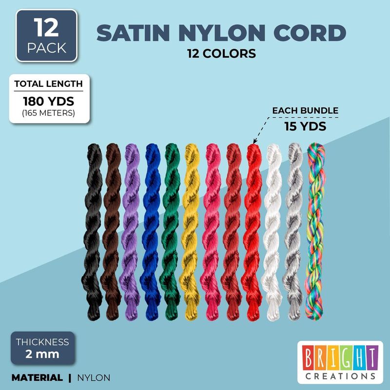 2mm Satin Nylon Cord for Jewelry, Rattail Cord (12 Colors, 180 Yards, 12 Pack)