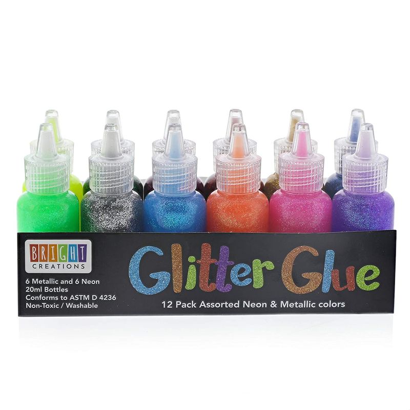 Neon Metallic Glitter Glue Bottles for Arts and Crafts (20 ml, 12 Pack)