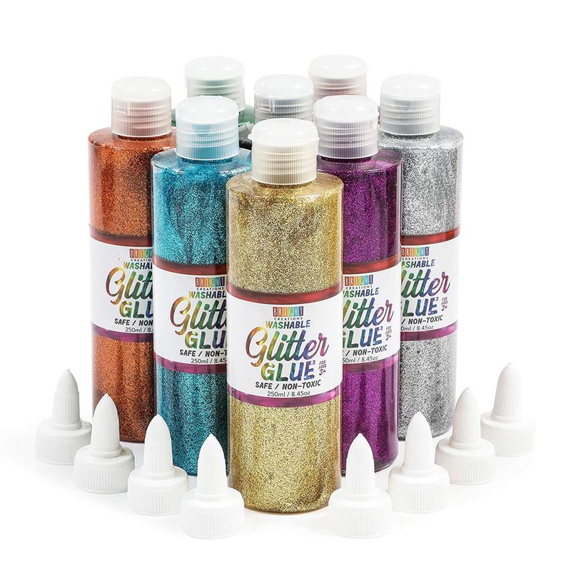 Metallic Art Glitter Glue Bottles, 8 Colors for Crafts (8 oz, 8 Pack, 16 Caps)