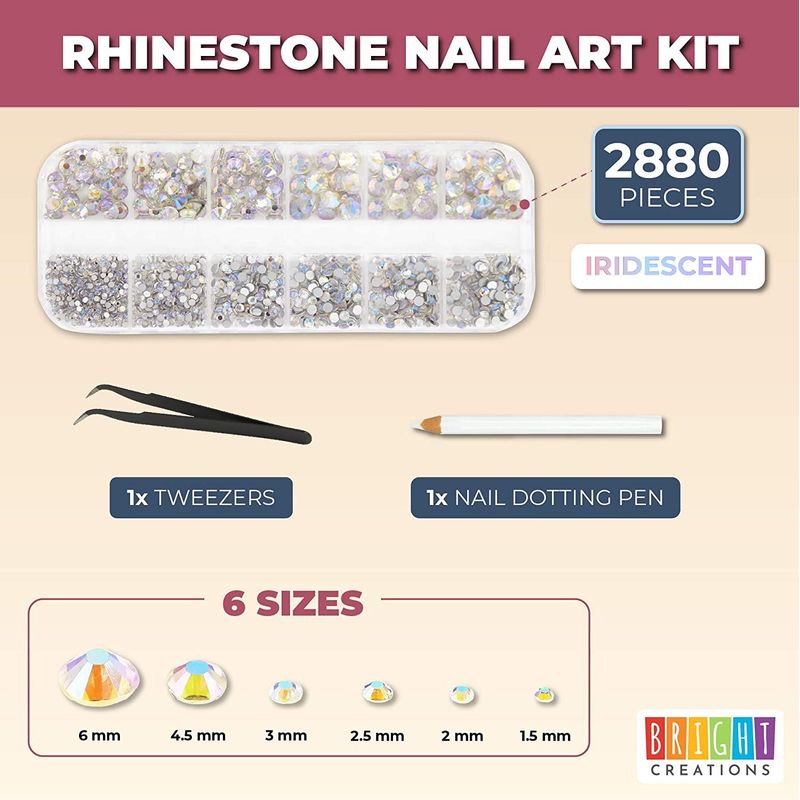 Iridescent Acrylic Nail Art Kit with Rhinestone Gems, Dotting Pen, and Tweezers (2880 Pieces)