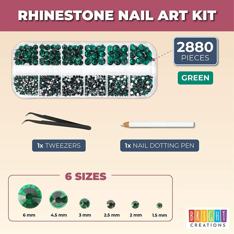 Acrylic Nail Art Kit with Green Rhinestone Gems, Dotting Pen, Tweezers (2880 Pieces)