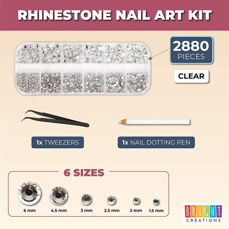 Acrylic Nail Art Kit with Clear Rhinestone Gems, Dotting Pen, Tweezers (2880 Pieces)