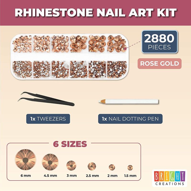 Nail Art Kit with Rose Gold Rhinestones, Dotting Pen, Tweezers (2880 Pieces)