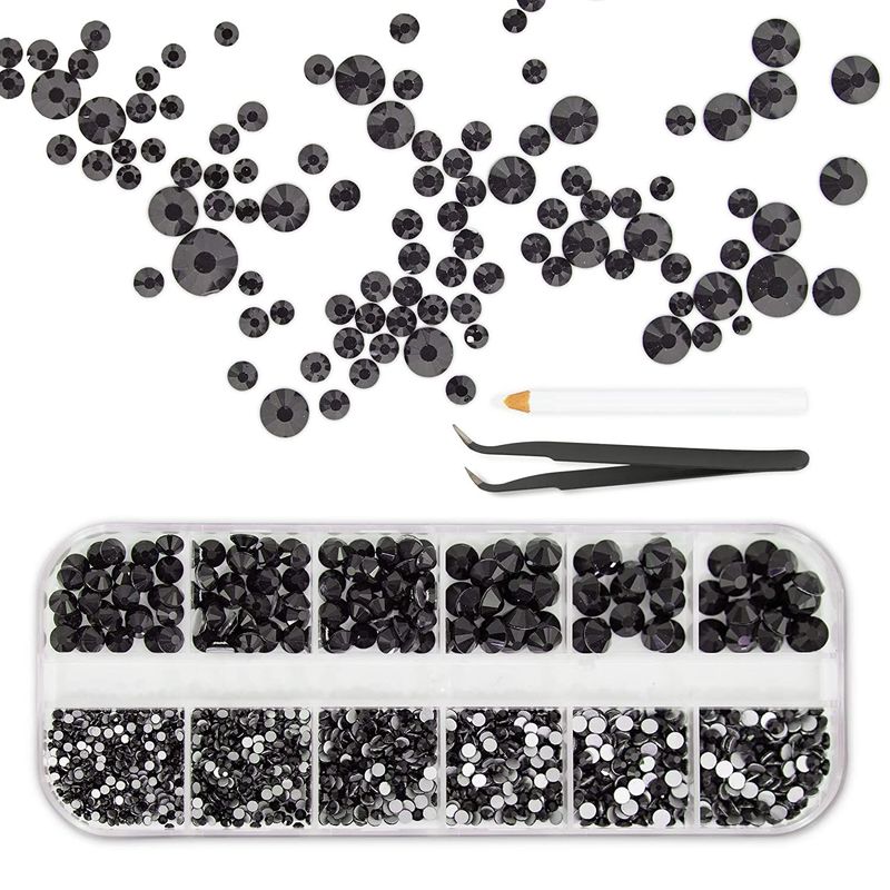 Nail Art Kit with Black Rhinestone Gems, Dotting Pen, Tweezers for Acrylic Designs (2880 Pieces)