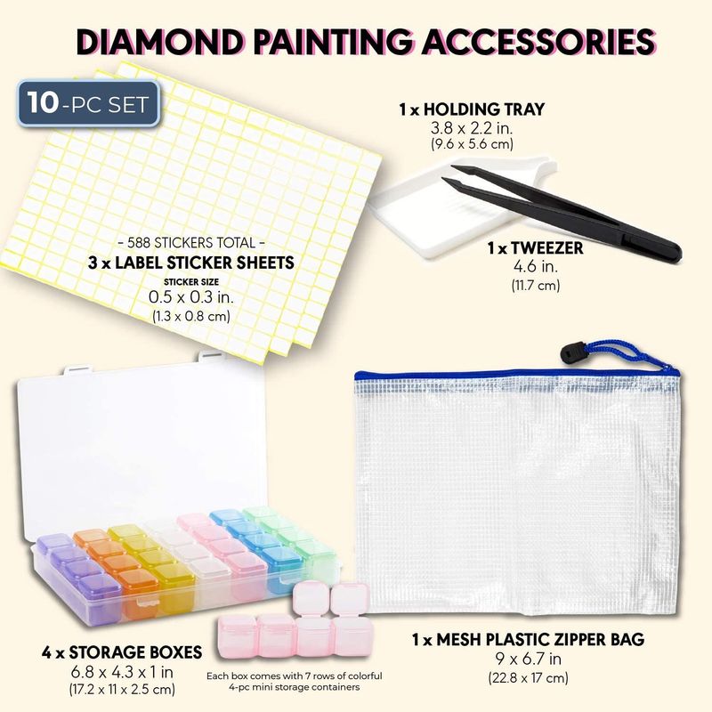 Diamond Painting Kit for Adults, Includes 4 Storage Cases, Tweezers, Labels (10 Pieces)