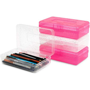 Plastic Pencil Case Boxes, Pink and White Glitter (7.8 x 2.2 x 4.5 in, 4 Pack)