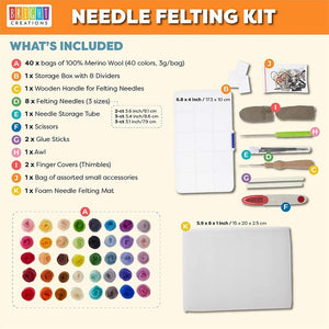 Needle Felting Kit with Wool, Needles, Scissors, Glue, Case (40 Colors, 62 Pieces)