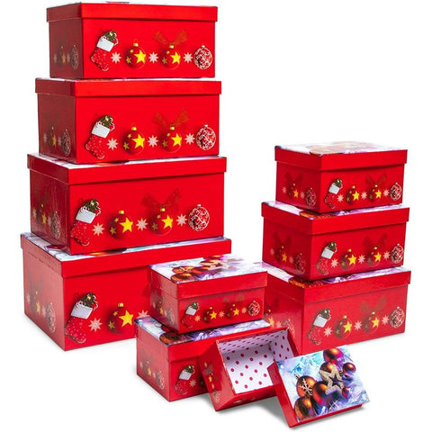 Juvale 10 Pack Nesting Christmas Gift Boxes with Red Lids for Presents,  Stackable Nested Holiday Gift Wrap, 10 Sizes