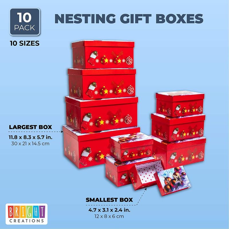 Set of 10 Nesting Gift Boxes with Lids, Cardboard Box with Gold Foil Star  Designs (10 Sizes) 