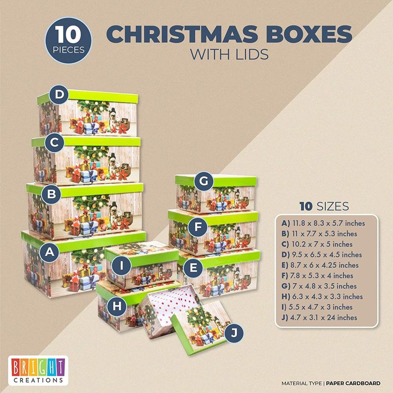 Set of 4 Christmas Square Nesting Boxes with Lids - 4.5, 4 and 3