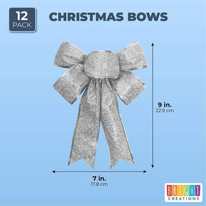 Christmas Bows for Gift Wrapping, Silver Glitter Present Bows (7 x 9 in, 12 Pack)