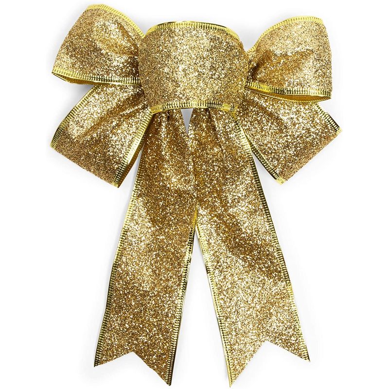 Christmas Bows for Gift Wrapping, Gold Glitter (7 x 9 in, 10 Pack