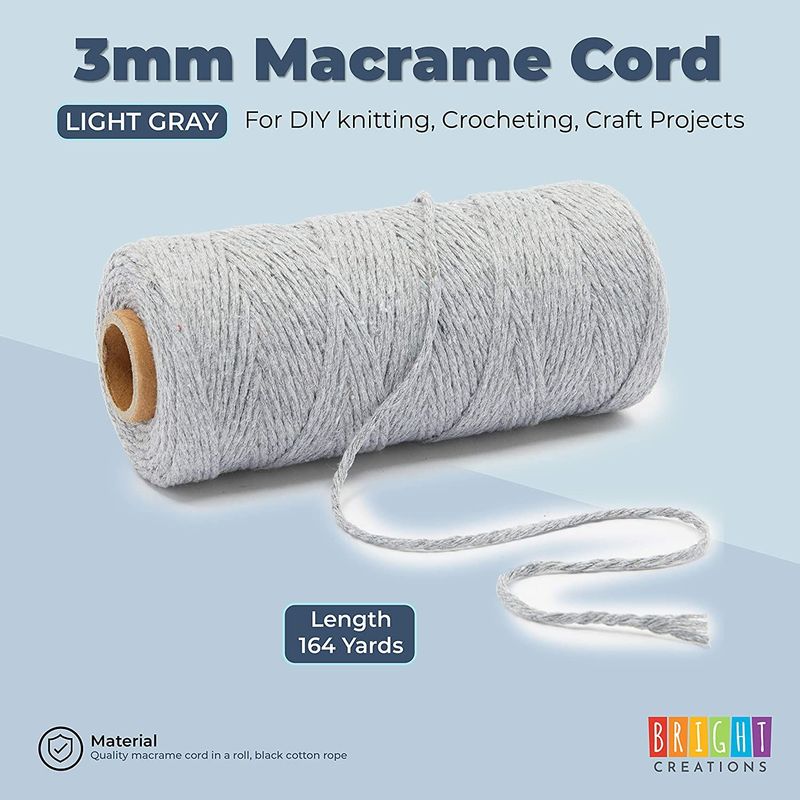 Light Grey Macrame Cotton Cord 492 Feet, Rope Craft Supplies (3mm, 164 Yards)