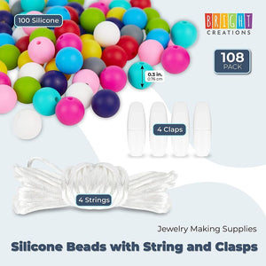Silicone Beads with String, Clasps for Jewelry Making (Vibrant Colors, 100 Pieces)