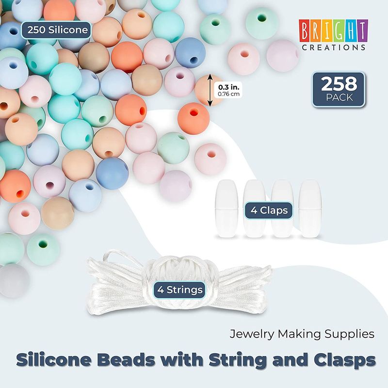 9mm Silicone Beads with String and Clasps, Jewelry Making (Pastel Colors, 258 Pieces)