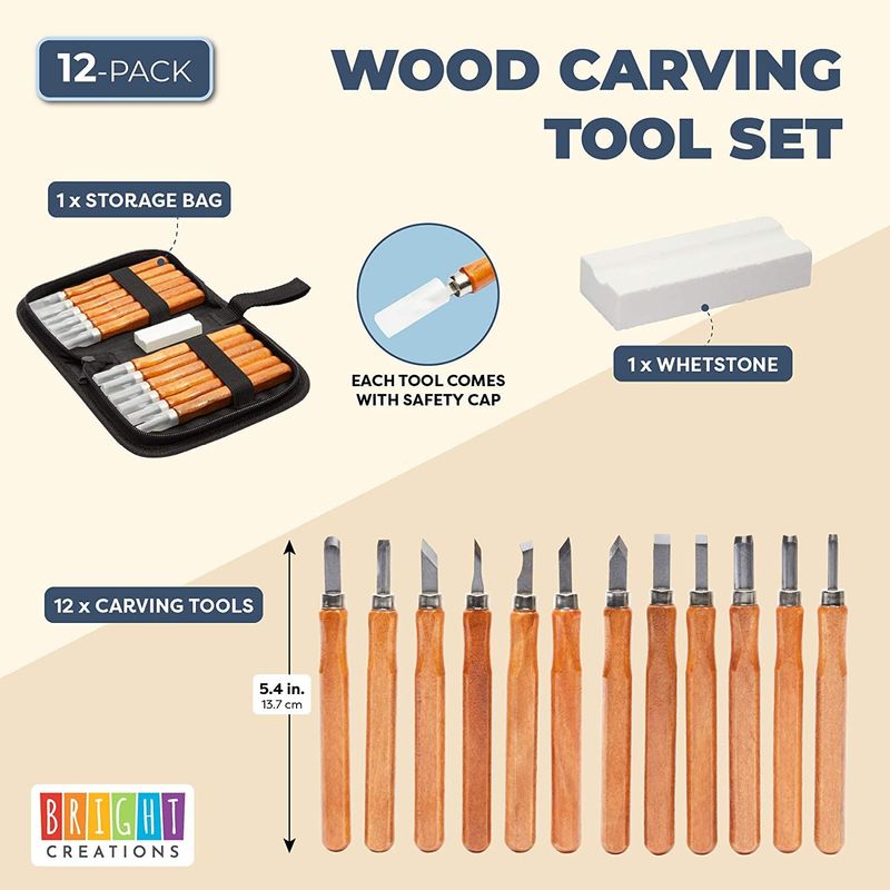 Wood Carving Tools Set for Beginners with Wooden Handles and Storage Case (12 Pieces)