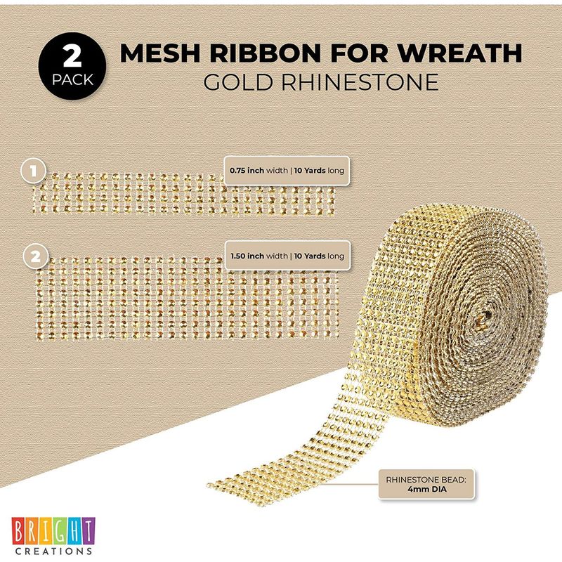 Gold Rhinestone Ribbon Mesh Wrap for Wreaths (10 Yards, 2 Pack)