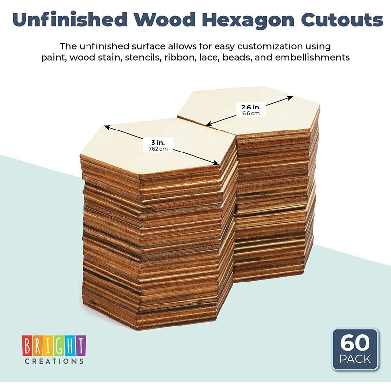 Small Unfinished Wood Hexagon Cutouts for DIY Crafts (3 Inches, 60 Pieces)