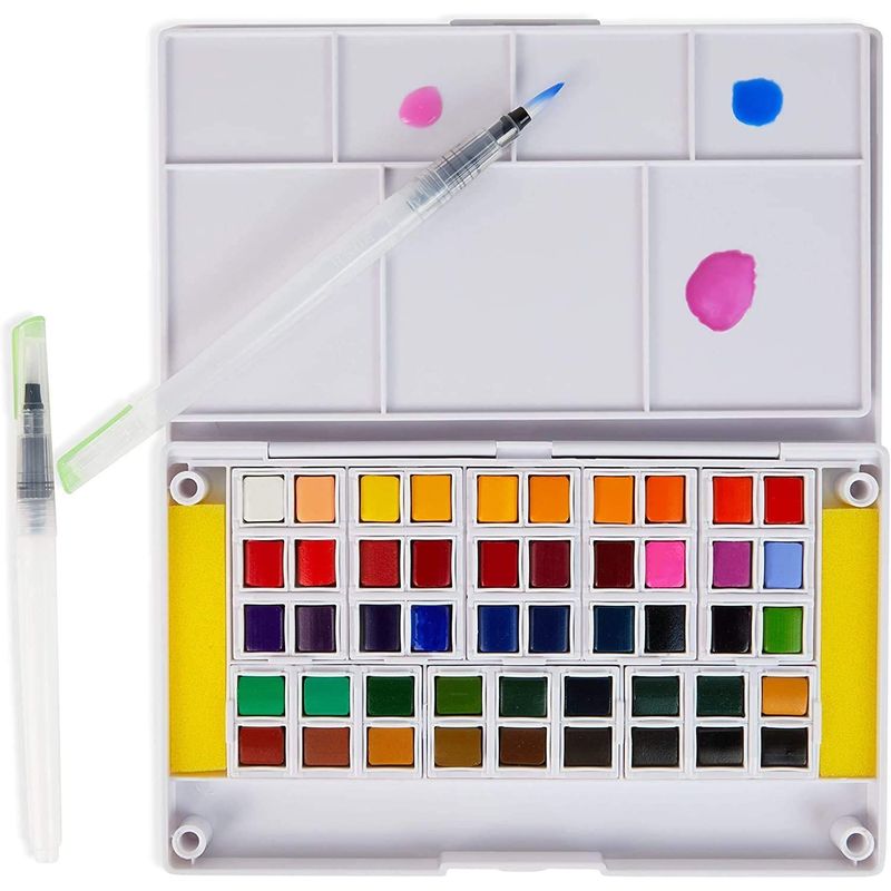 Watercolor Paint Set, 48 Colors, Water Brush Pens, Sponges, and Travel Storage Case