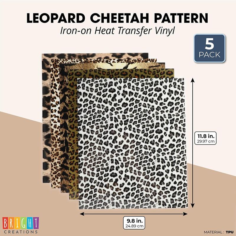 Iron-on Heat Transfer Vinyl, Leopard Cheetah Pattern (11.8 x 9.8 in, 5 Pack