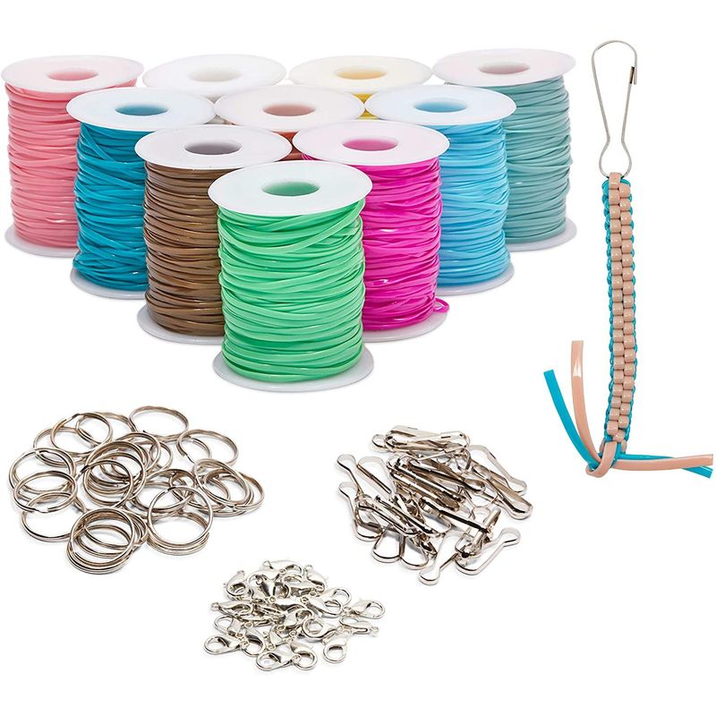 Plastic Lacing Cord Kit with Key Chain Rings, Hooks, Clasps, 10 Colors (40 Yards, 100 Pieces)