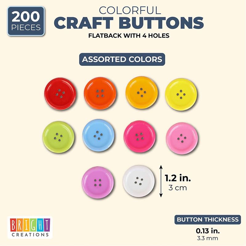 Flatback Craft Buttons with 4 Holes for Sewing (10 Colors, 30mm, 200 Pieces)