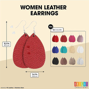 Teardrop Earrings, Faux Leather Dangle Jewelry for Women (12 Colors, 12 Pack)
