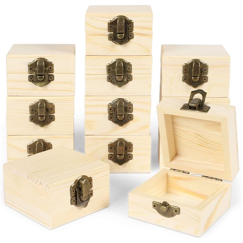 Unfinished Wood Box with Lid, Treasure Chest (2.7 x 2.7 x 1.6 in, 12 Pieces)